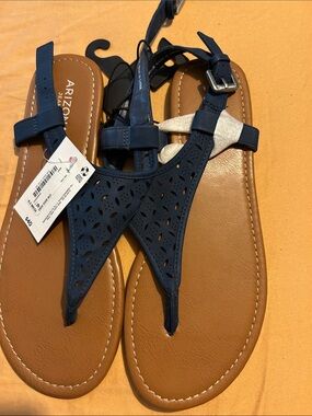 Arizona Jean Company Navy Perforated T-Strap Sandals with Tan Footbed